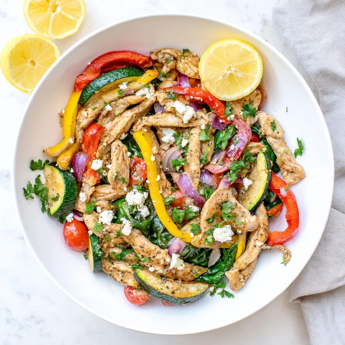 Juicy seasoned chicken stir fry tossed with crisp Mediterranean vegetables and topped with creamy feta cheese garnish