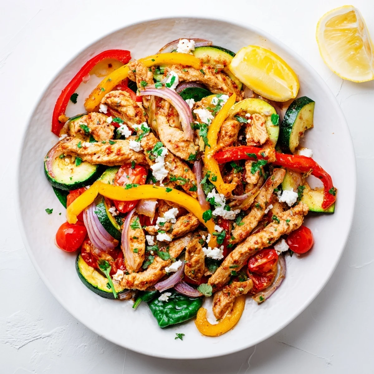 Vibrant easy Mediterranean chicken stir fry plated with wilted spinach fresh parsley and lemon wedges for serving