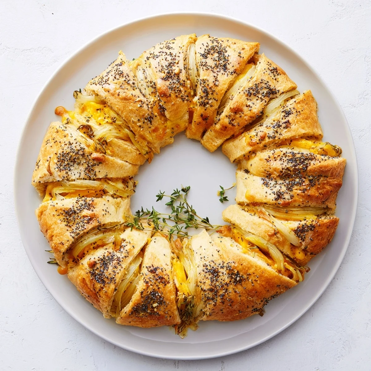 Golden brown caramelized onion Gruyere stuffed bread wreath with melted cheese visible between sliced sections