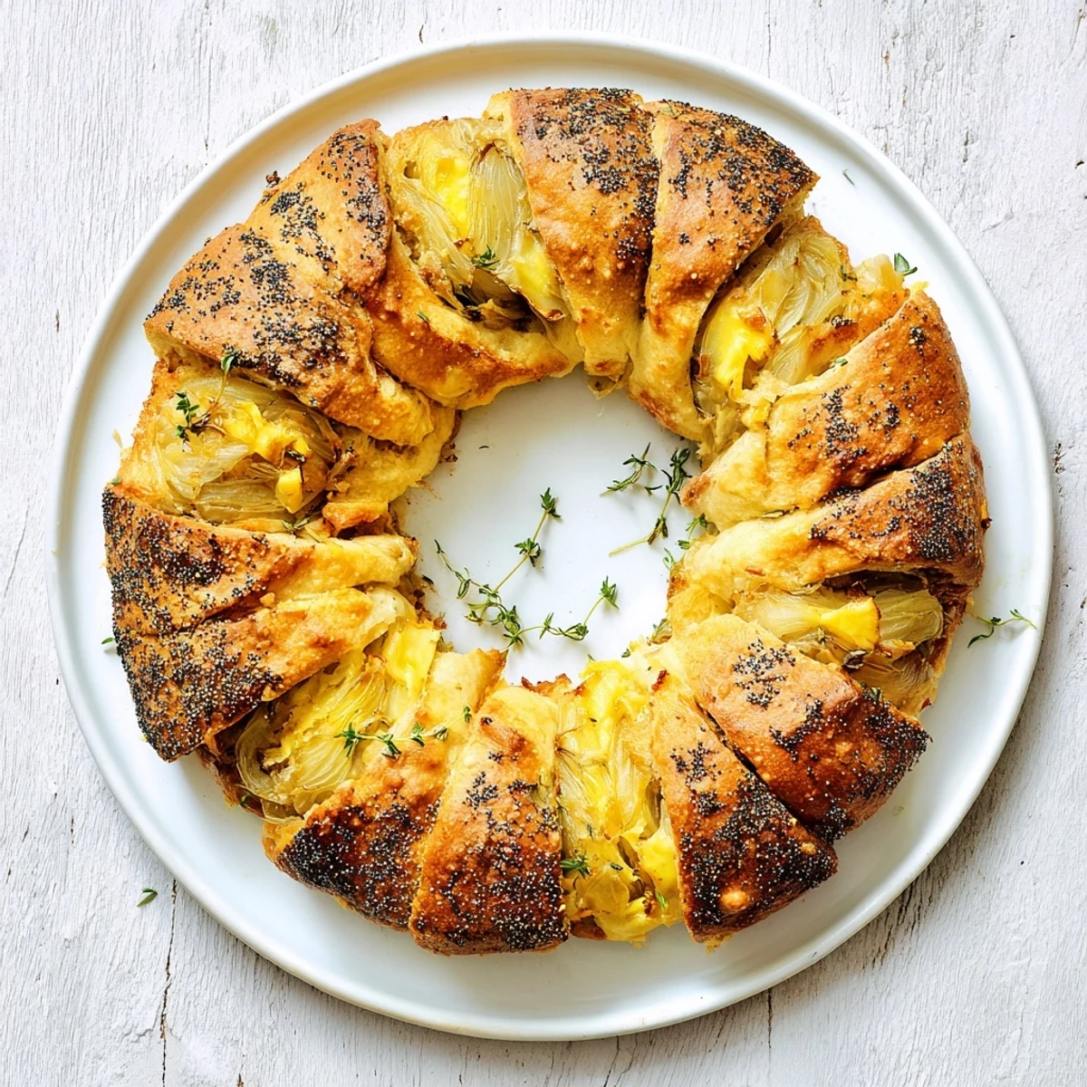 Pull-apart savory bread wreath filled with sweet caramelized onions and grated Gruyere cheese on serving board