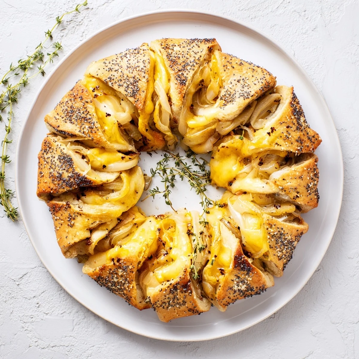 Festive ring-shaped bread with golden caramelized onions and Swiss-style Gruyere cheese filling, garnished with fresh thyme