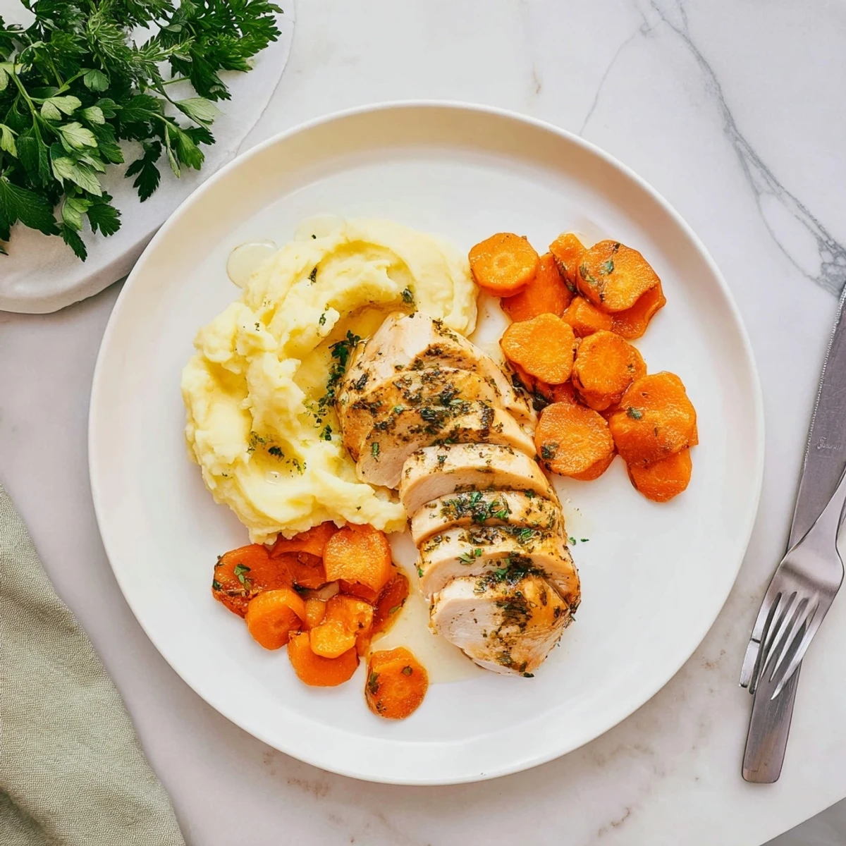 Golden herb-crusted chicken breast resting beside fluffy buttery mashed potatoes with honey-glazed carrot rounds