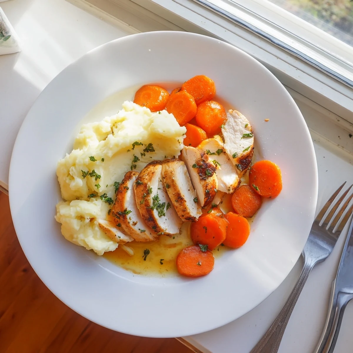 Sliced garlic herb chicken plated on creamy mashed potatoes topped with sweet glazed carrot ribbons