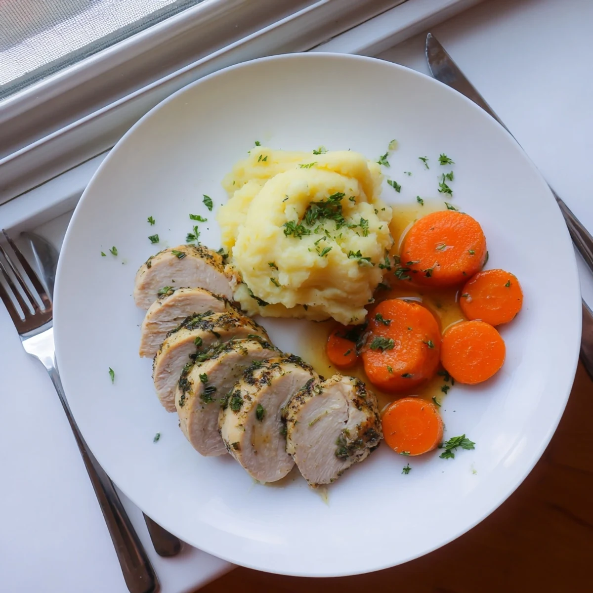 Tender marinated chicken served with velvety mashed potatoes and shiny honey-coated carrots for dinner