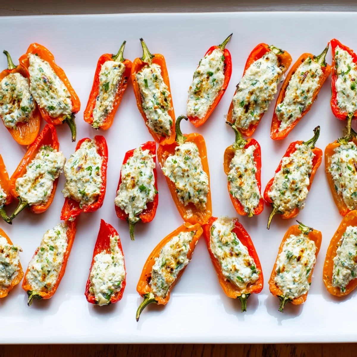 Golden roasted mini peppers stuffed with creamy herbed goat cheese on a white serving platter