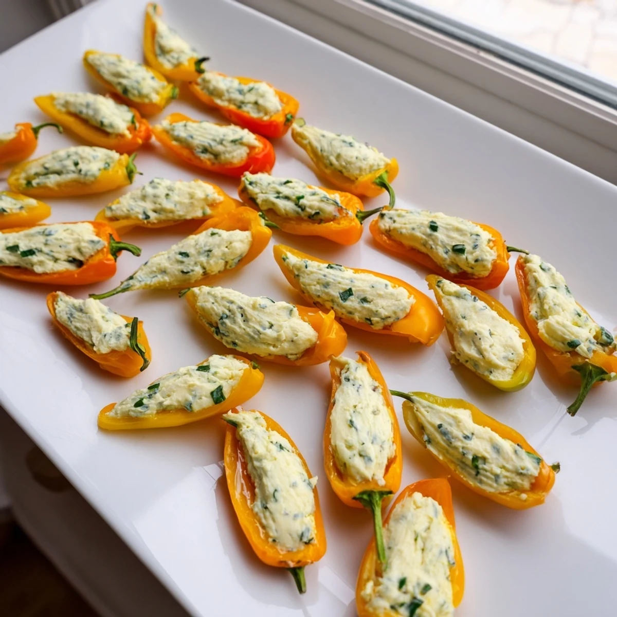 Vibrant sweet pepper halves filled with tangy goat cheese mixture and garnished with fresh chives