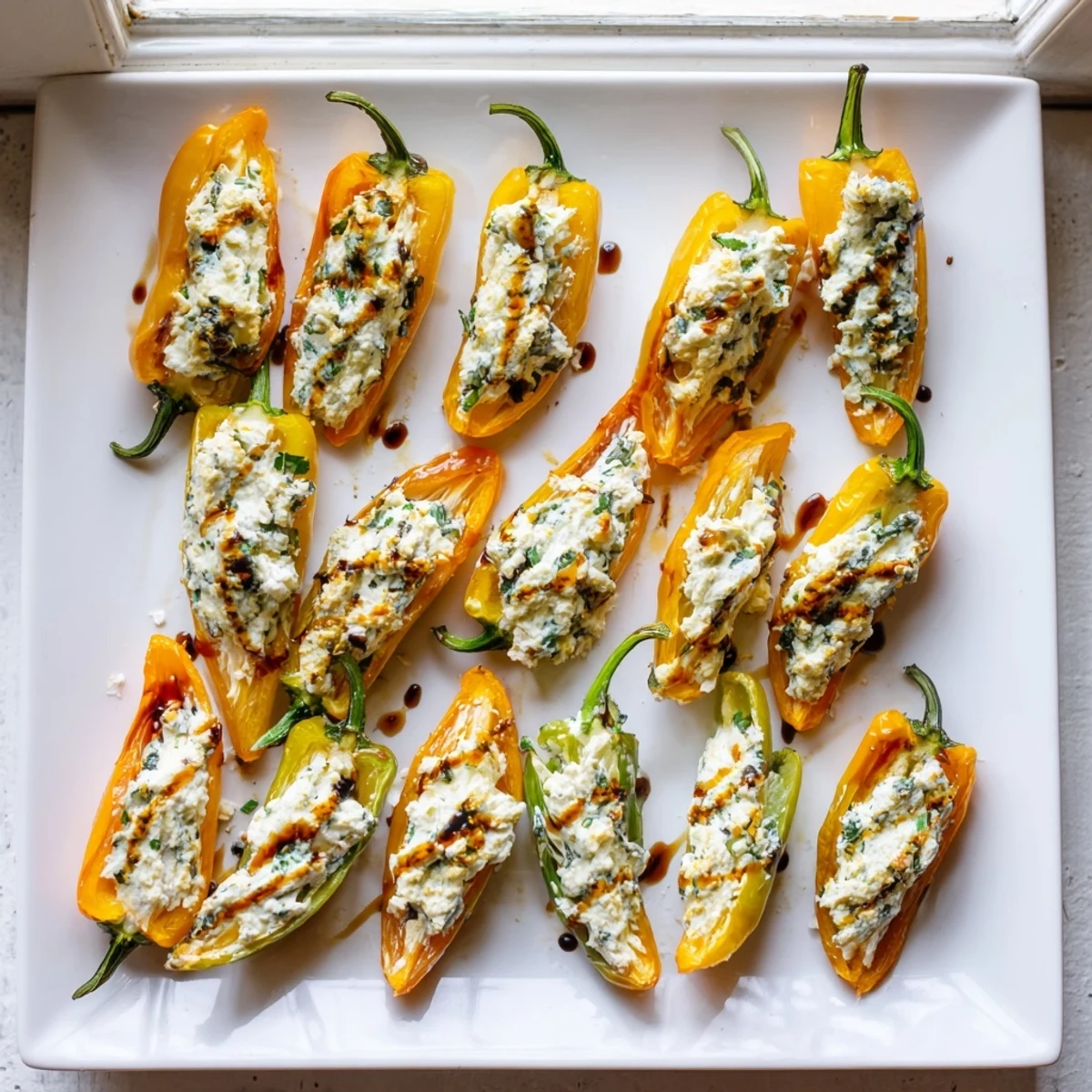 Mediterranean appetizer of colorful roasted peppers overflowing with warm herb goat cheese filling
