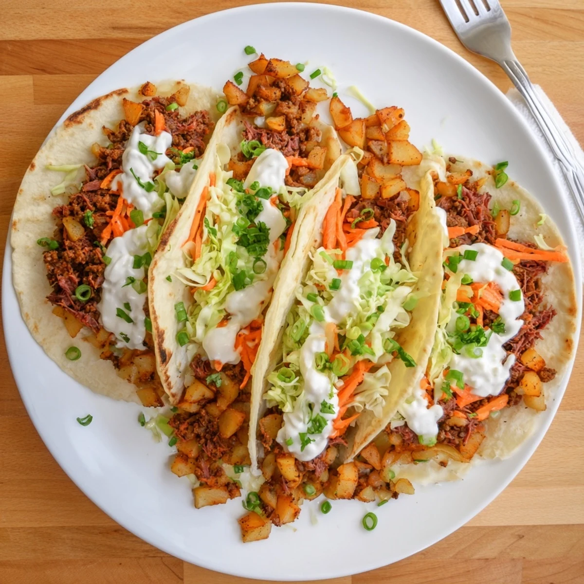 Homemade Irish tacos loaded with savory corned beef, golden fried potatoes, and tangy slaw