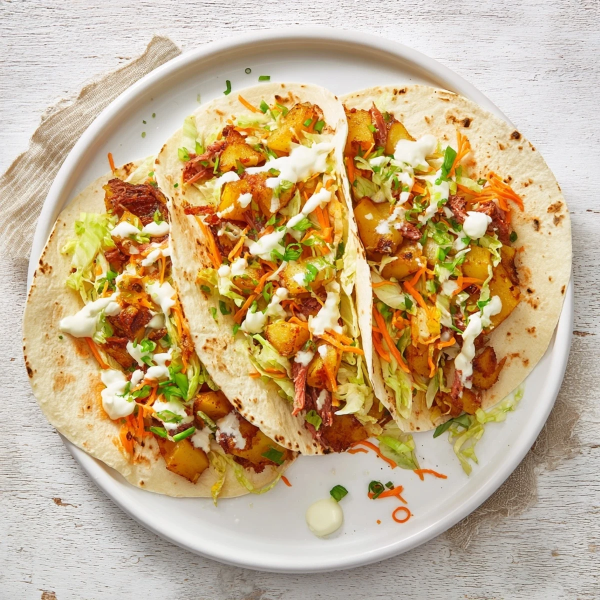 Warm flour tortillas filled with tender corned beef, crispy potatoes, and fresh cabbage slaw