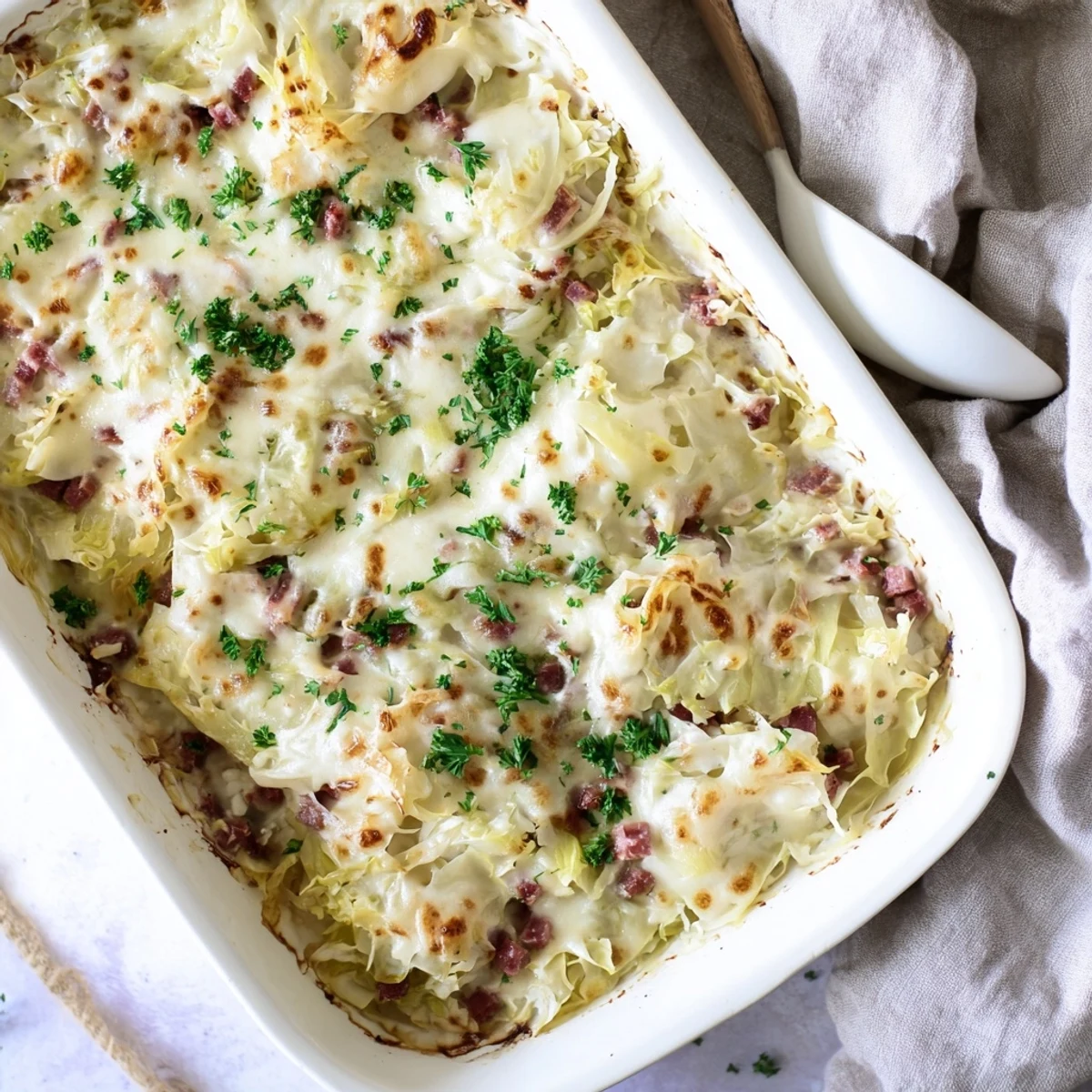 Tender cabbage and corned beef casserole with melted cheesy golden topping