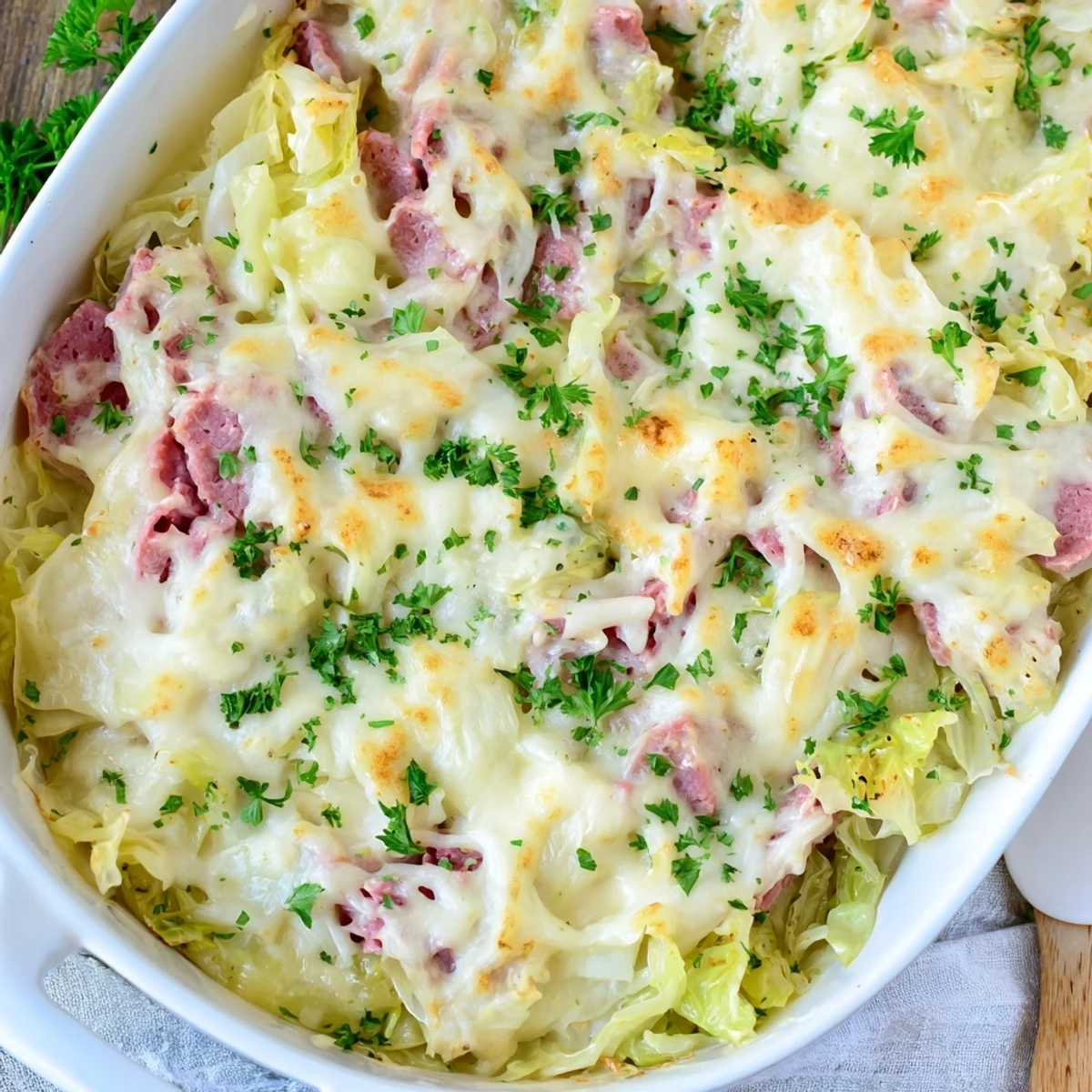 Golden bubbly creamy corned beef cabbage parmesan bake fresh from oven