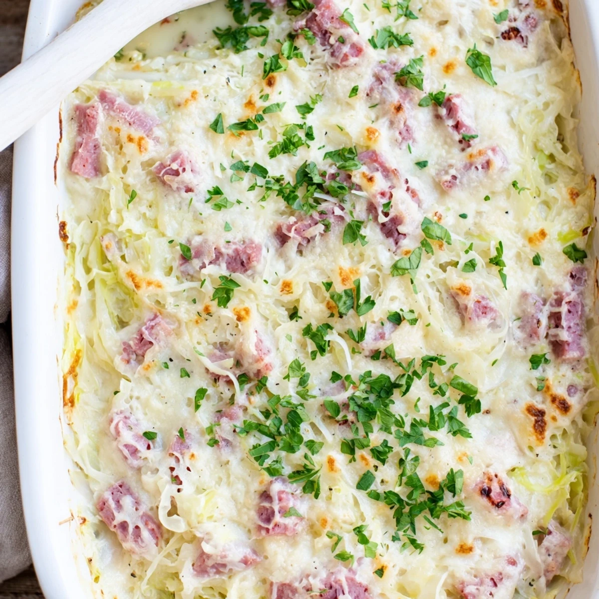 Hearty corned beef cabbage parmesan bake served in rectangular baking dish