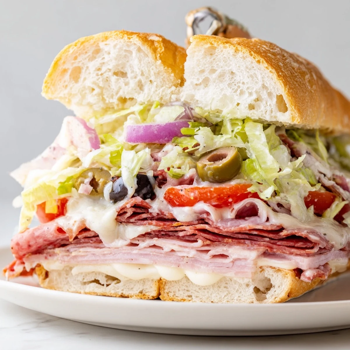 Golden crusty roll piled high with Italian grinder salad sandwich layers of deli meats, tangy pepperoncini, and melted provolone cheese