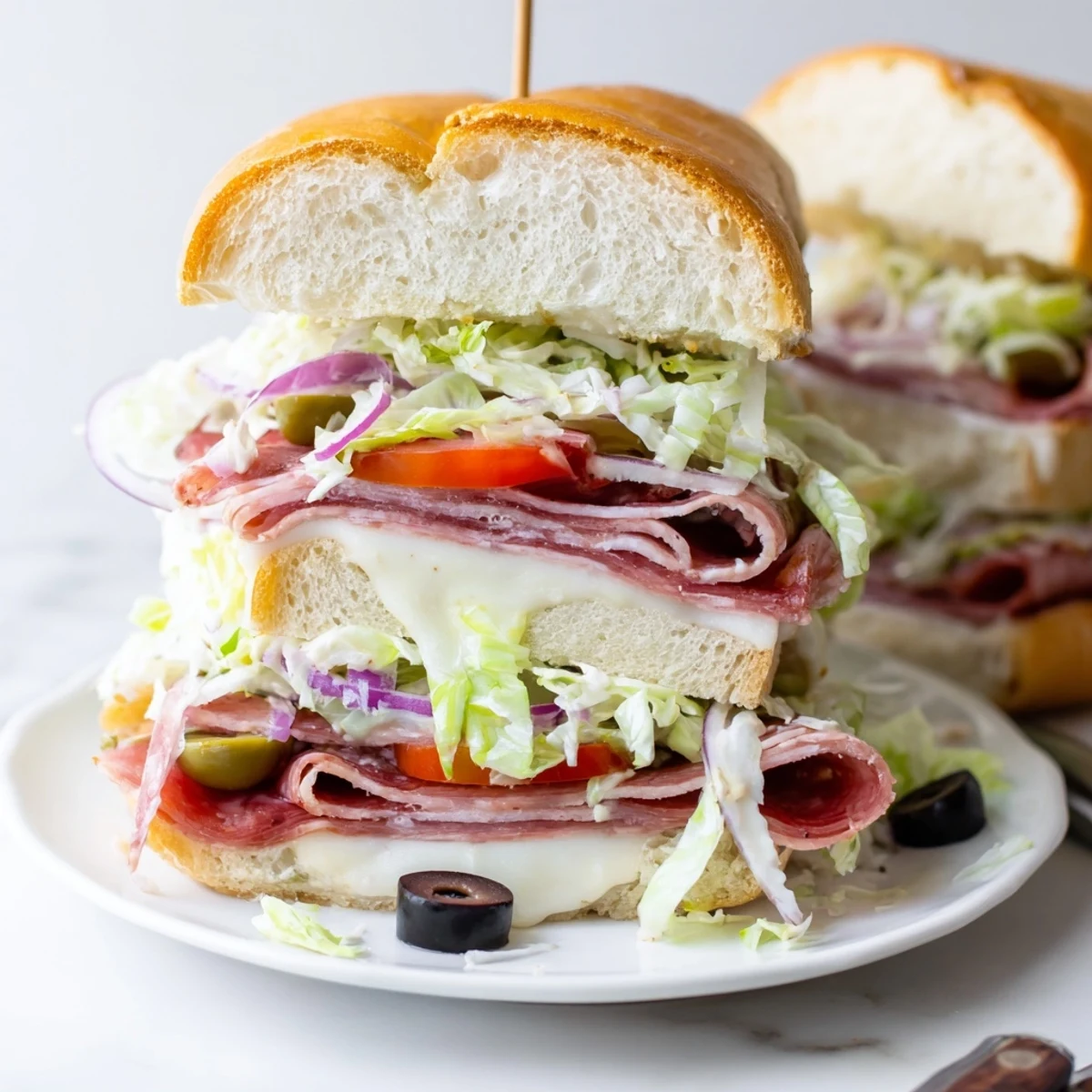 Cross-section of Italian grinder salad sandwich revealing colorful shredded lettuce, ham, salami, and zesty mayonnaise dressing nestled in toasted bread