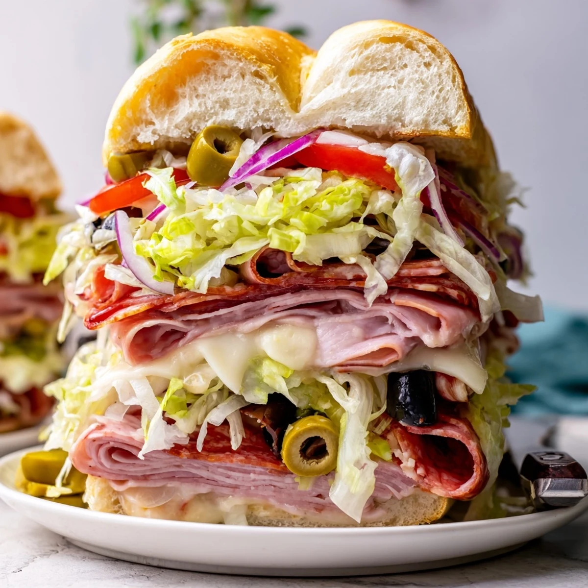 Italian grinder salad sandwich served on wooden board with fresh tomato halves, black olives, and grated Parmesan garnish