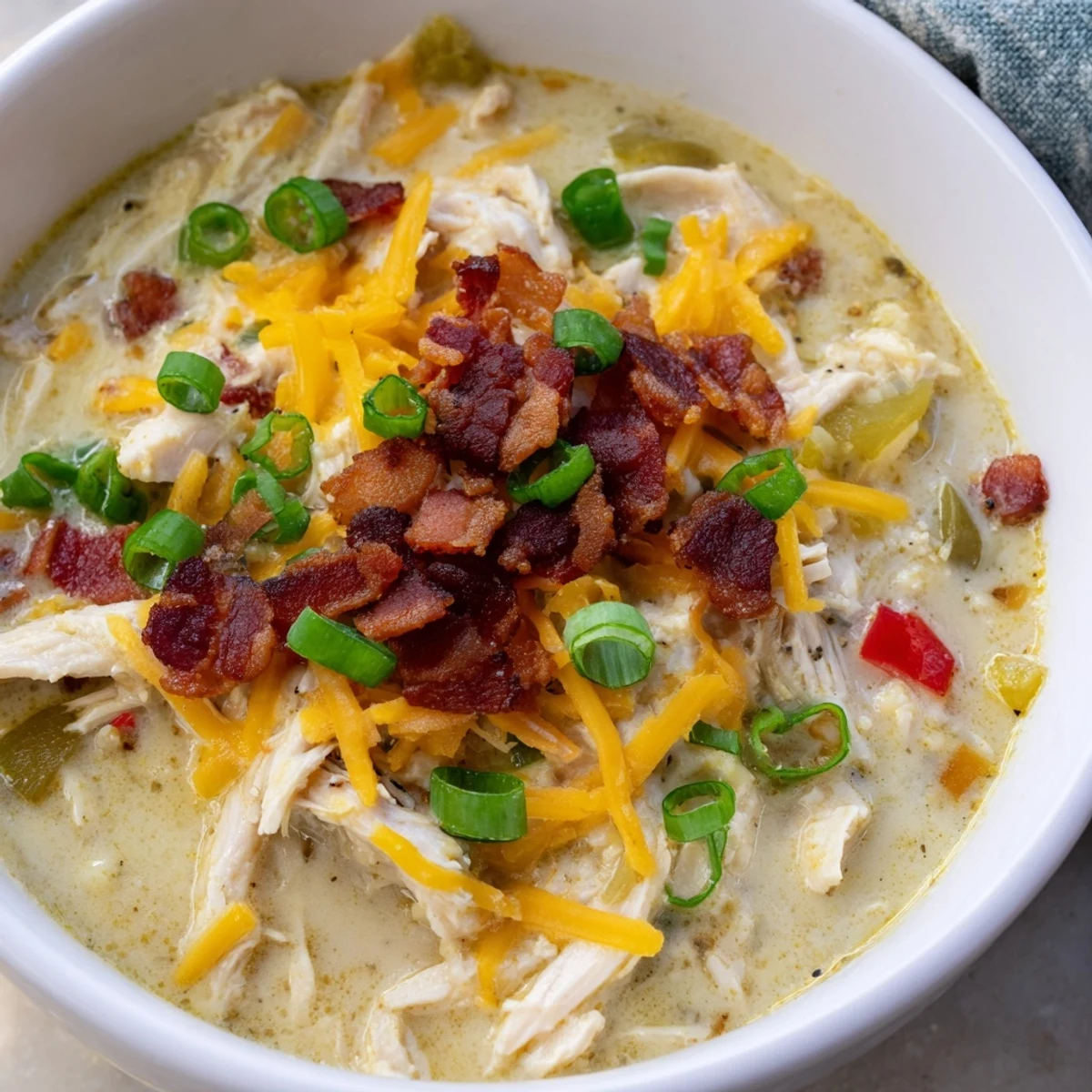 Creamy spicy jalapeno popper chicken soup garnished with crispy bacon and melted cheddar cheese
