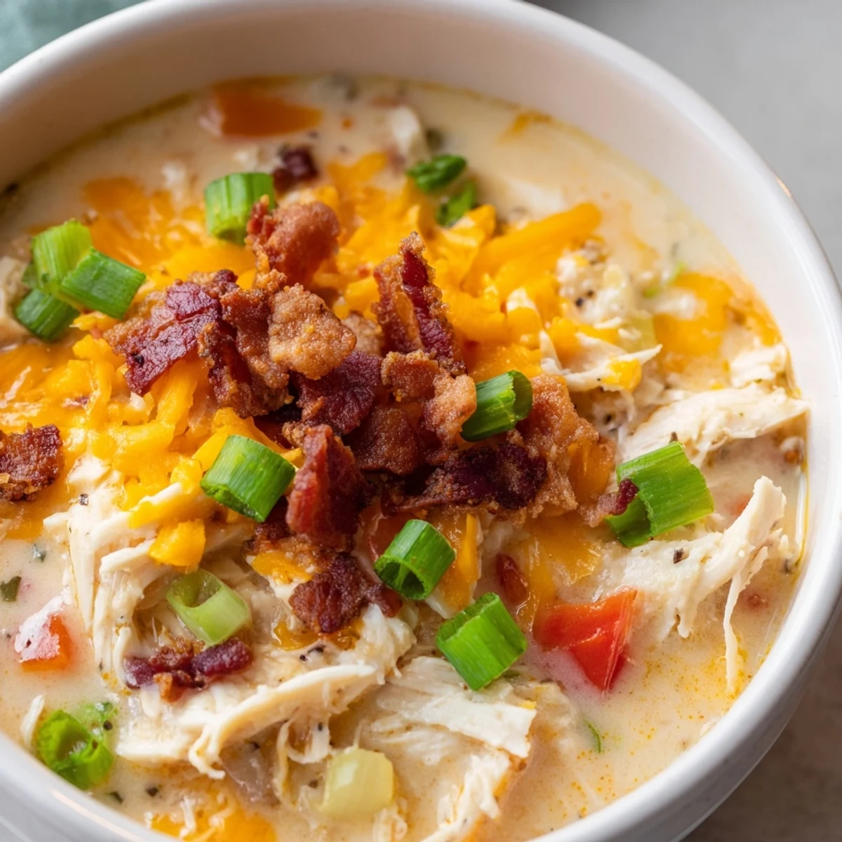 Rich spicy jalapeno popper chicken soup in a white bowl topped with green onions and cheese