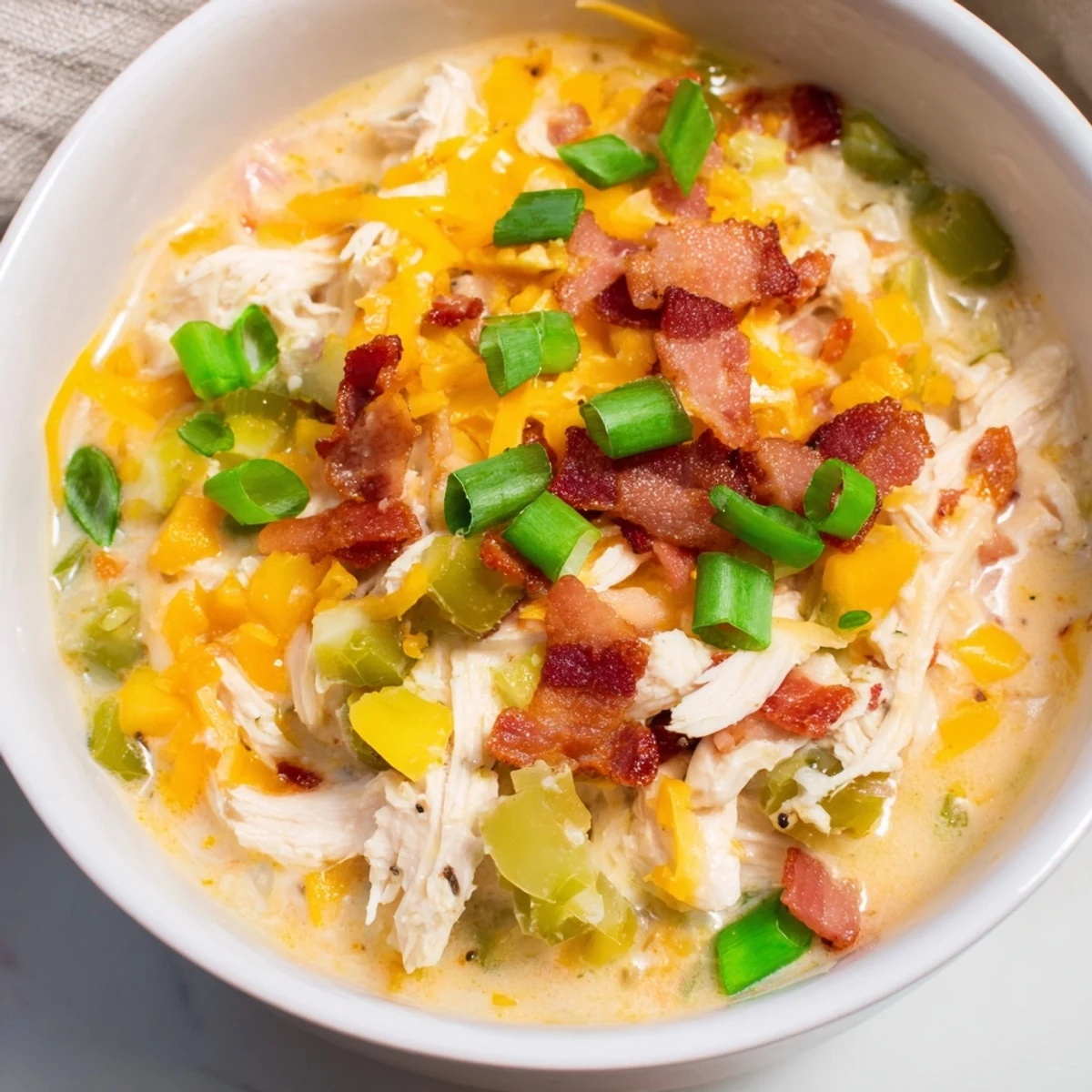 Steaming bowl of spicy jalapeno popper chicken soup with red peppers, bacon crumbles, and shredded cheese
