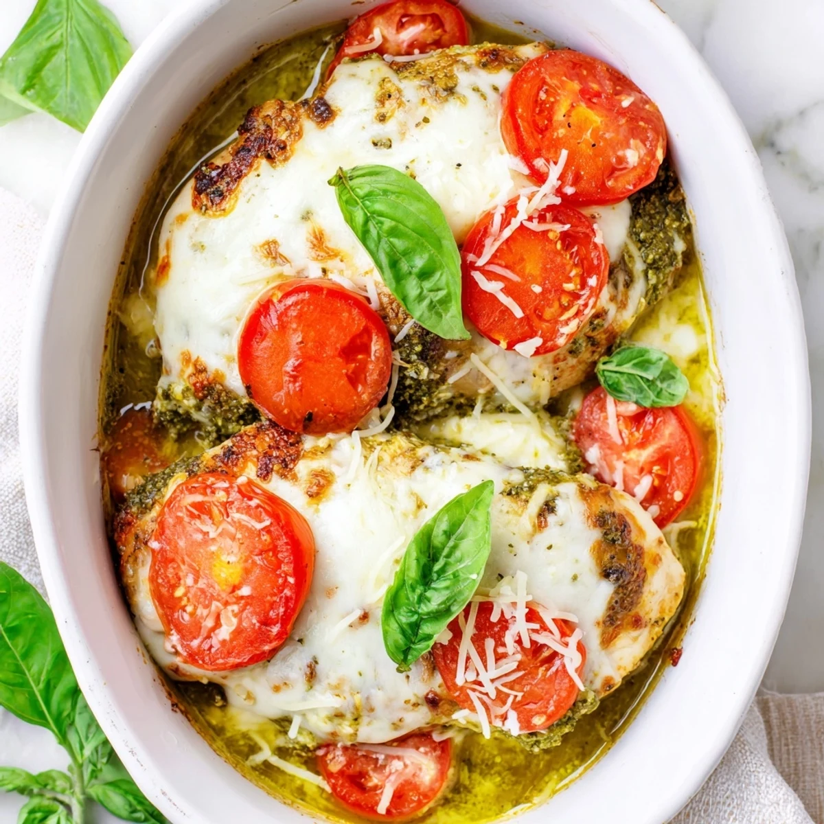 Juicy chicken breasts topped with vibrant pesto, tomatoes, and bubbling cheese in this Caprese chicken