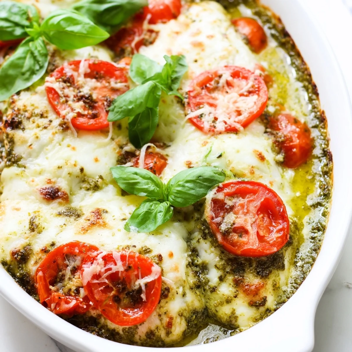 Golden melted mozzarella and ripe tomato slices crown this baked pesto Caprese chicken
