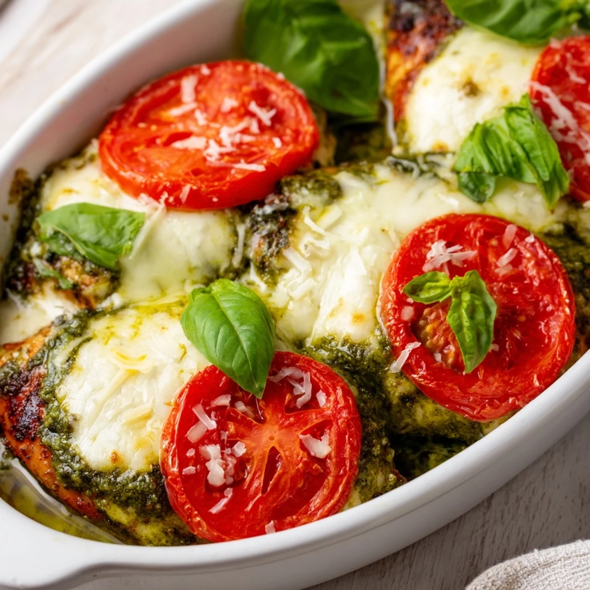 Fresh basil garnishes this Italian baked pesto Caprese chicken with melted mozzarella and tomato