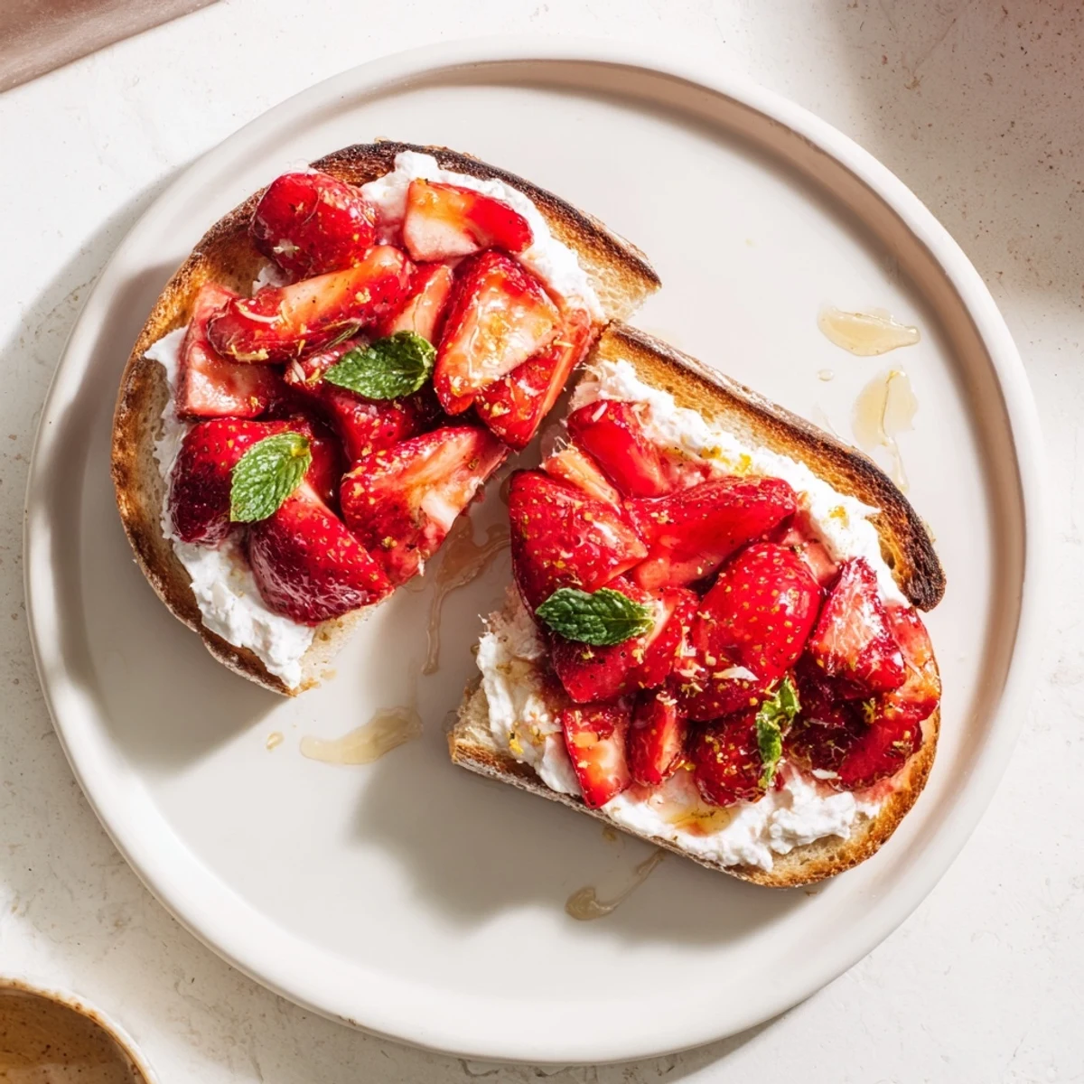 Golden brown artisan toast piled high with creamy whipped ricotta topped with sweet roasted strawberries drizzled with honey