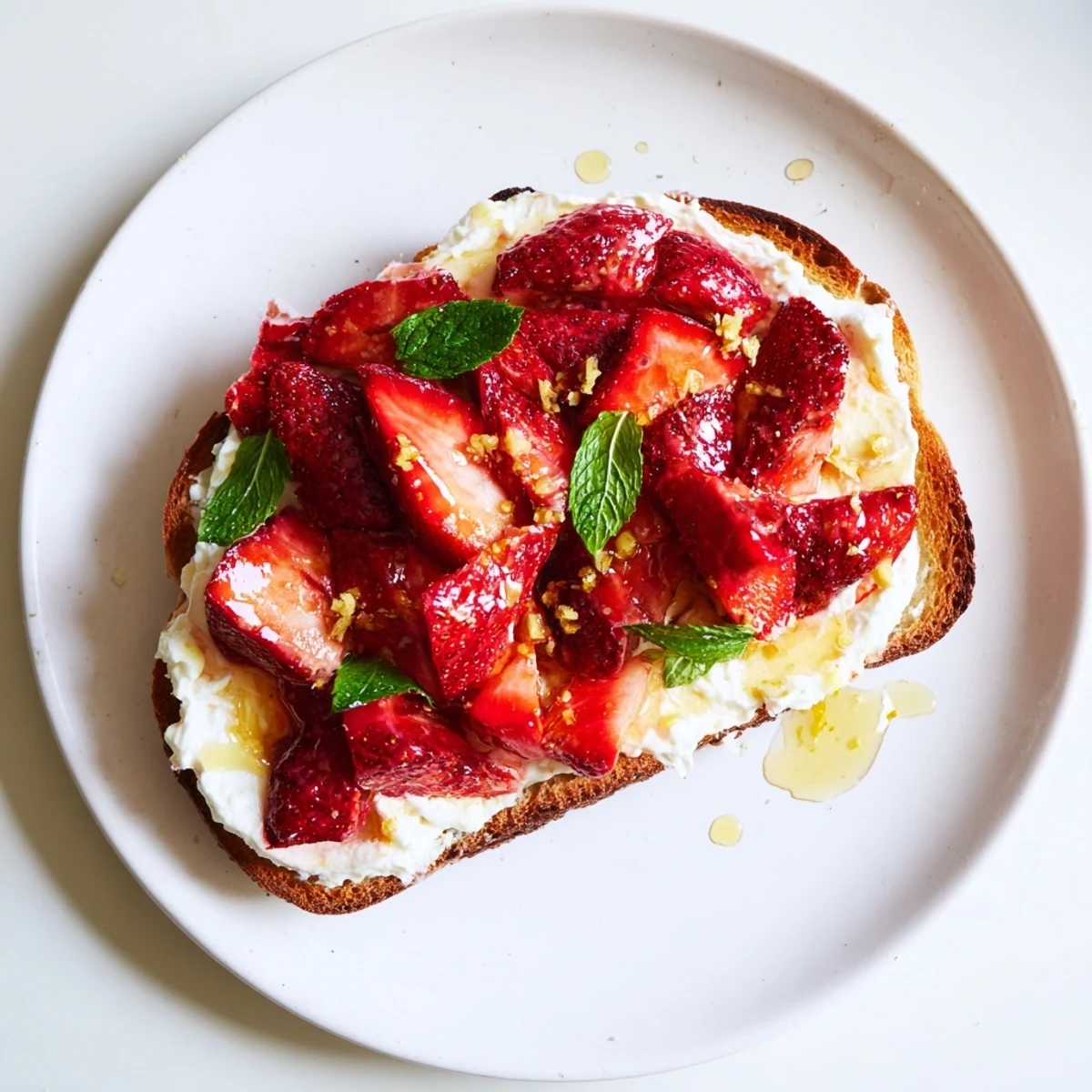 Thick sliced sourdough spread with fluffy lemon ricotta cheese and topped with glistening red roasted strawberry halves