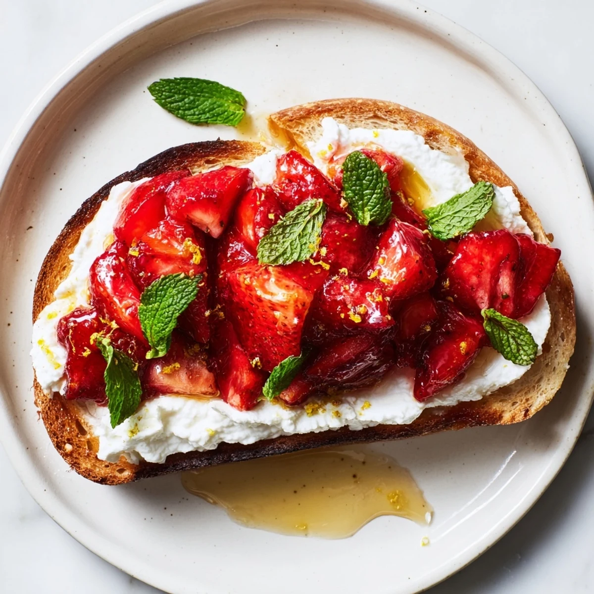 Brunch toast featuring crunchy bread layered with whipped ricotta and syrupy roasted strawberries garnished with fresh mint leaves