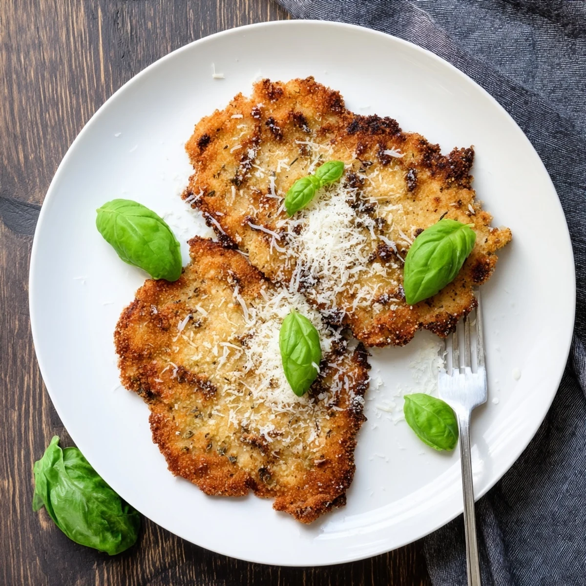 Crispy pan-fried chicken cutlets coated with Parmesan and fresh basil herbs, ready for weeknight dinner