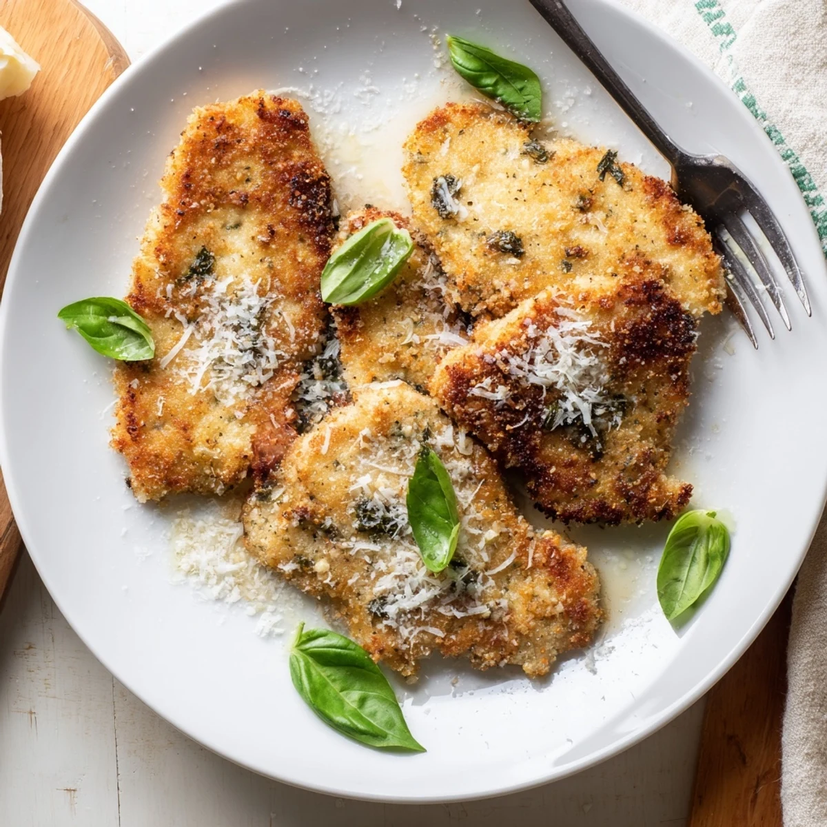 Golden brown Parmesan basil chicken cutlets served on a white plate with fresh basil garnish