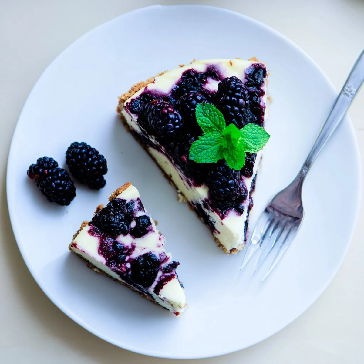 Slice of Blackberry Bliss Cheesecake showing creamy vanilla filling swirled with purple blackberry compote atop golden graham cracker crust
