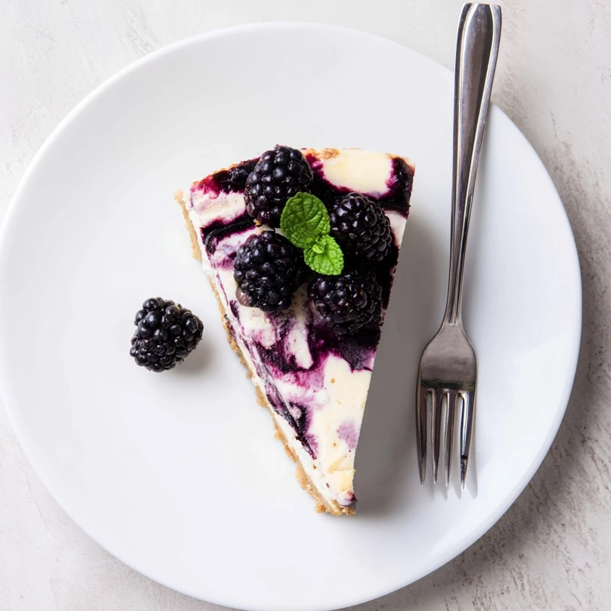 Whole Blackberry Bliss Cheesecake garnished with fresh berries and mint on a white serving plate, ready for dessert