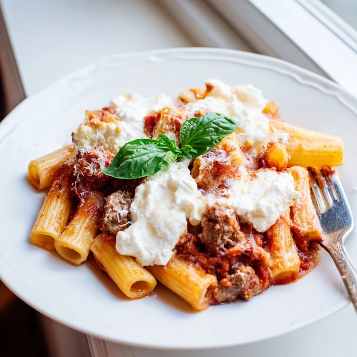 Golden brown comfort food baked ziti with bubbling mozzarella and rich tomato sauce in a slow cooker