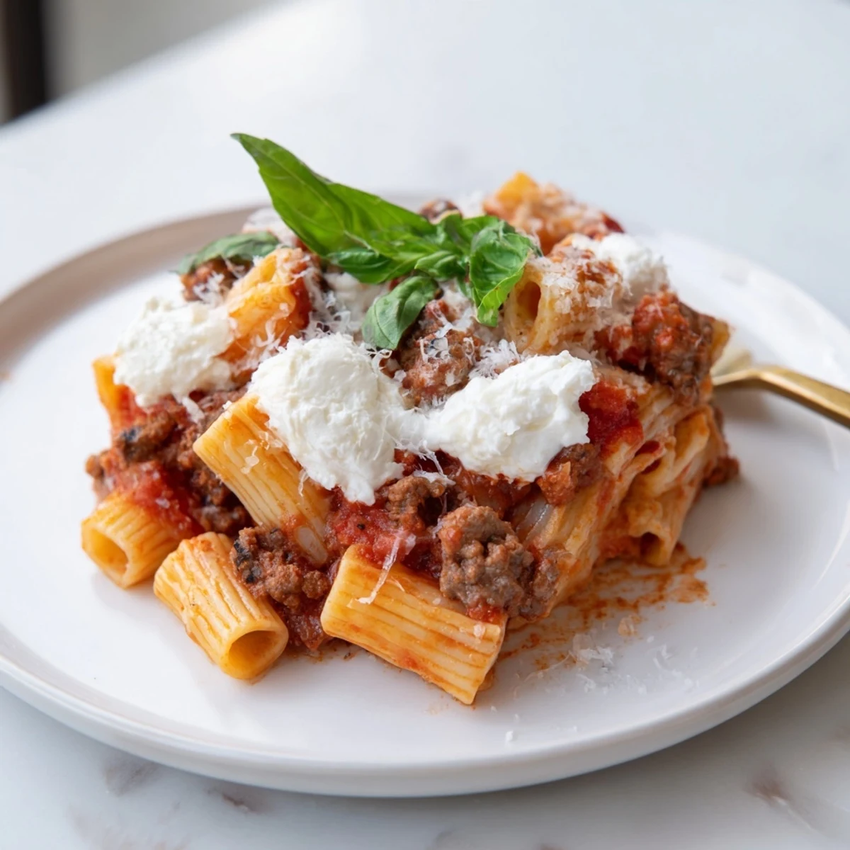 Family-style slow cooker baked ziti featuring layers of tender pasta, Italian sausage, and melted cheeses