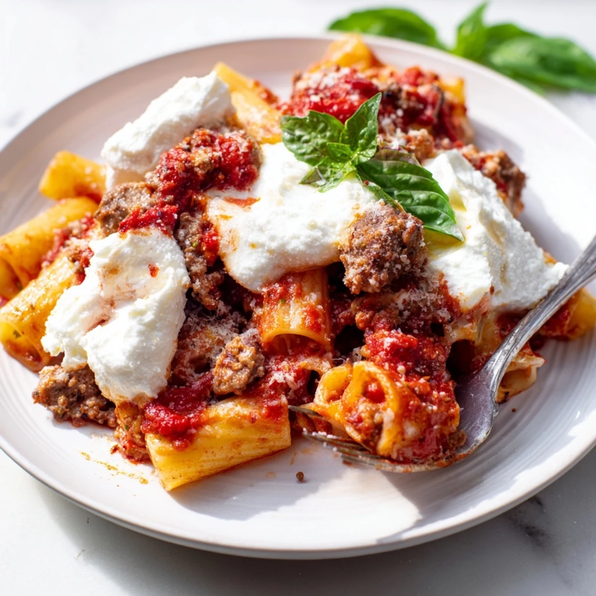 Creamy ricotta topped slow cooker baked ziti garnished with fresh basil and gooey mozzarella cheese