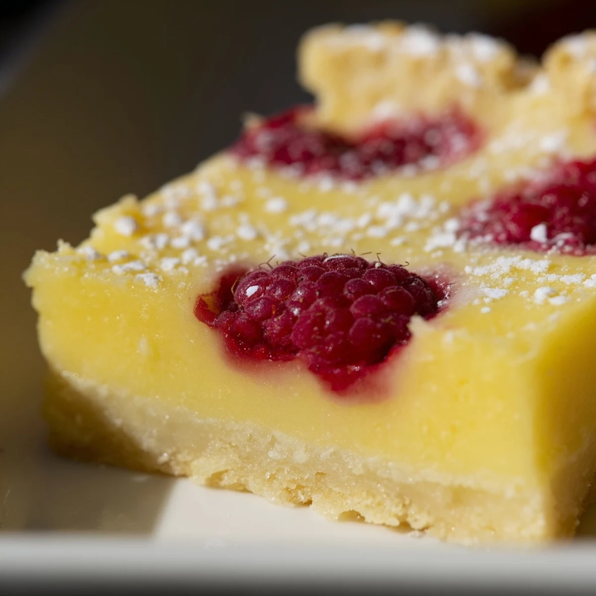 Golden lemon raspberry bars on a white plate with powdered sugar dusting