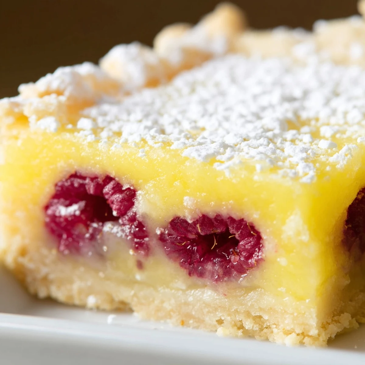 Buttery shortbread crust topped with bright yellow lemon raspberry filling and fresh berries