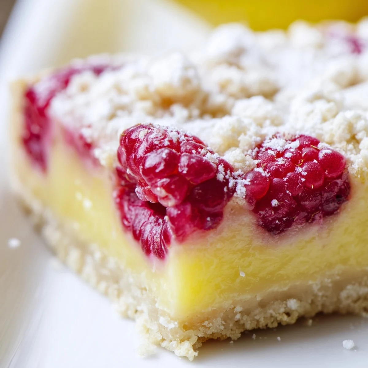 Square lemon raspberry bars sliced and ready to serve with raspberry swirls visible