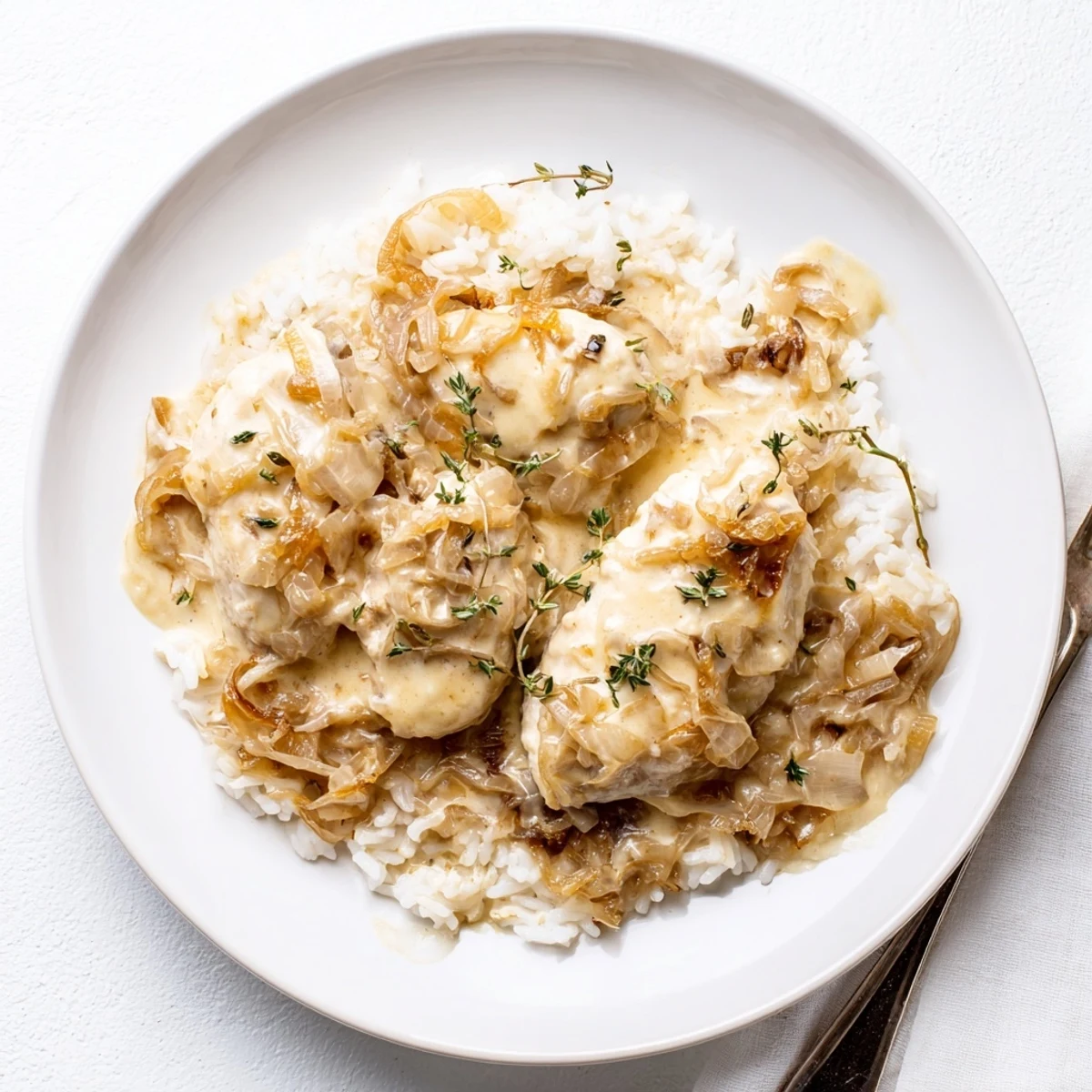 Golden brown chicken breasts rest atop creamy rice with melted Gruyère cheese and caramelized onions