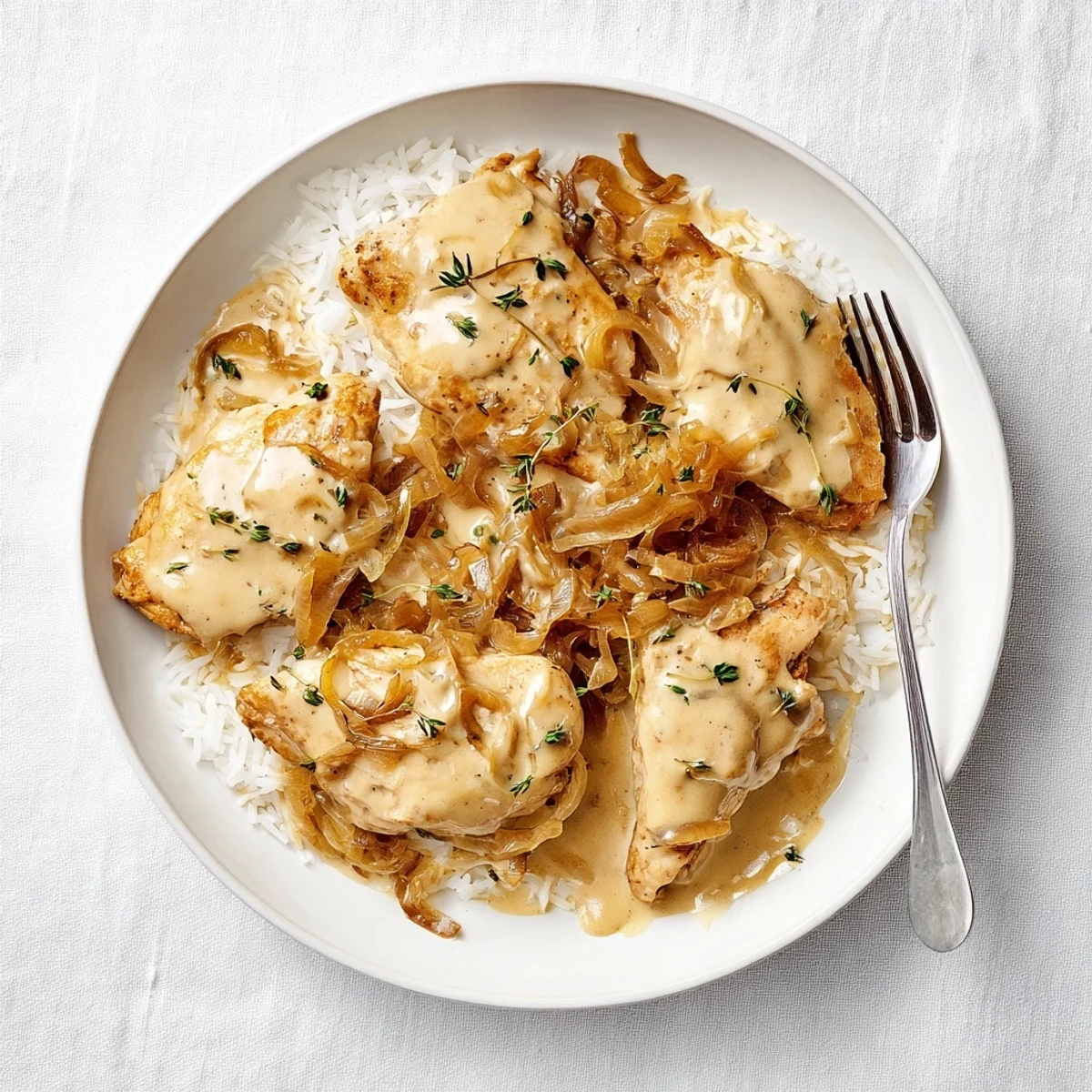 Creamy French onion chicken with tender rice in a rich, bubbling cheese sauce with thyme