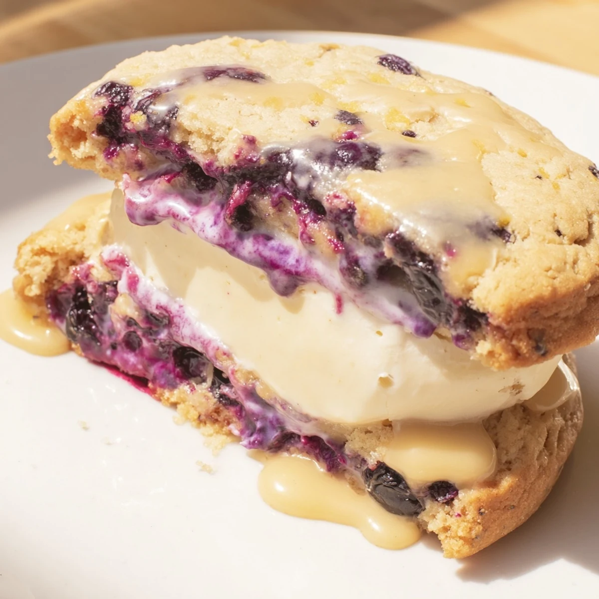 Baked lemon blueberry cheesecake cookies drizzled with white glaze on cooling rack