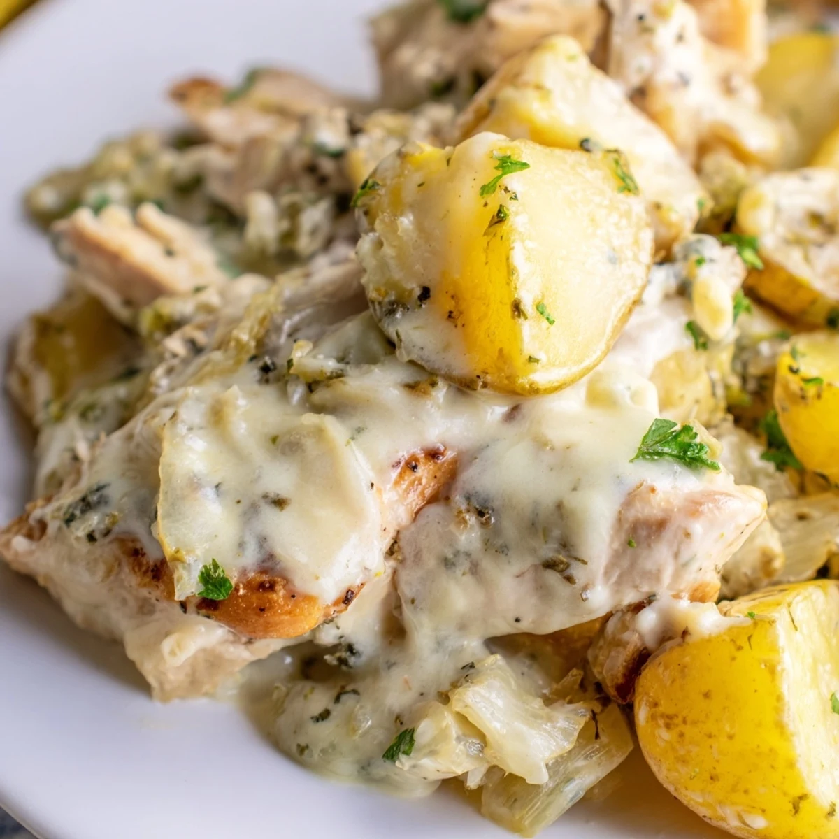 Golden slow cooker garlic Parmesan chicken nestled beside tender baby potatoes in a rich, creamy sauce