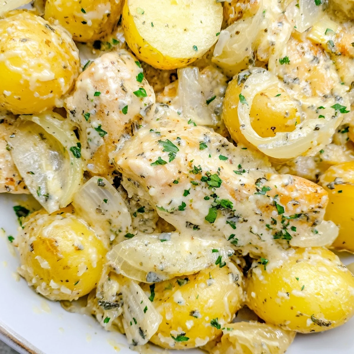Savory chicken breasts seasoned with Italian herbs and garlic, melting Parmesan over soft potatoes in a slow cooker