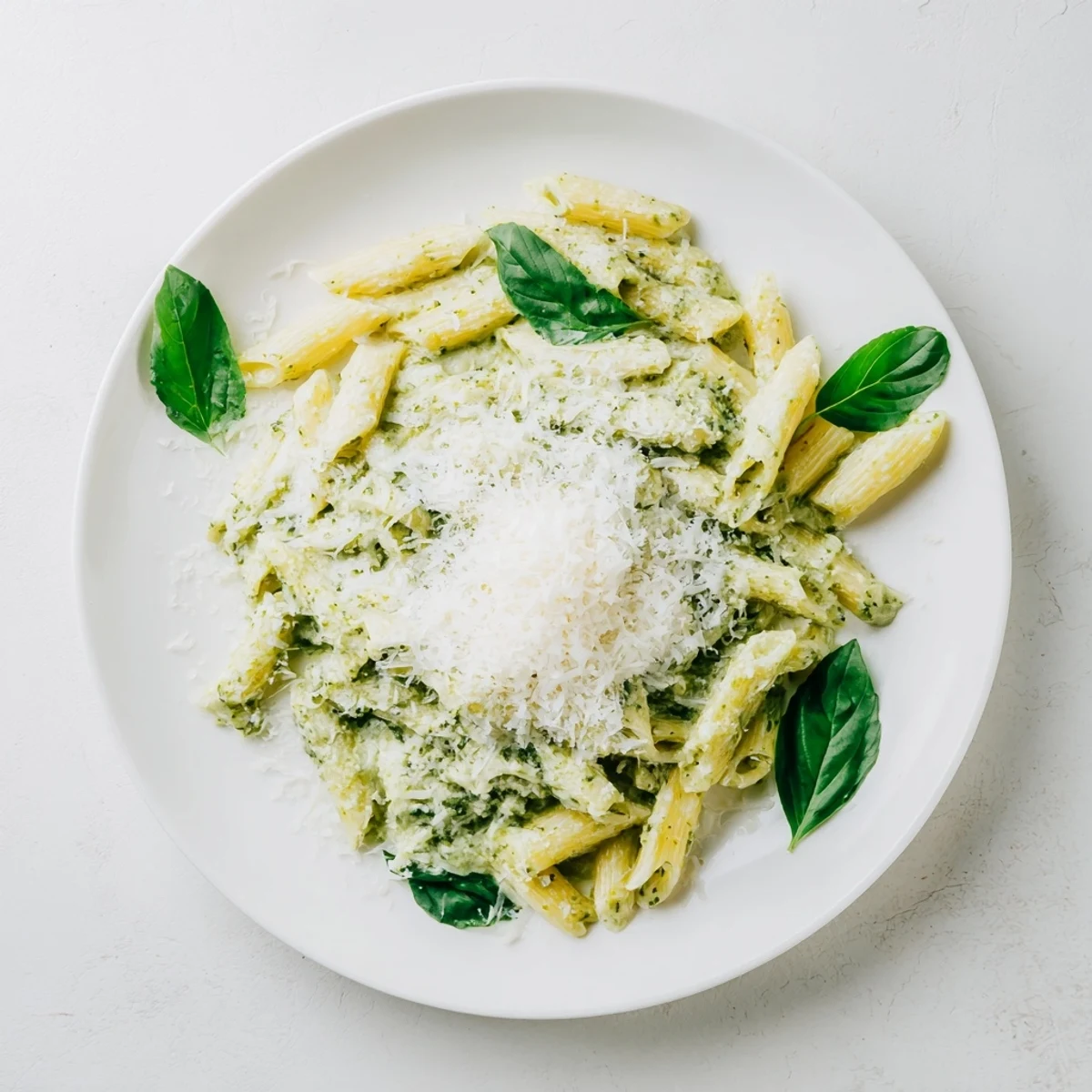 Golden creamy pesto pasta tossed in rich basil sauce with fresh basil garnish