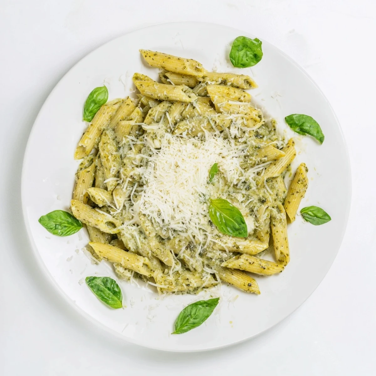 Serving bowl of creamy pesto pasta topped with grated Parmesan and basil leaves