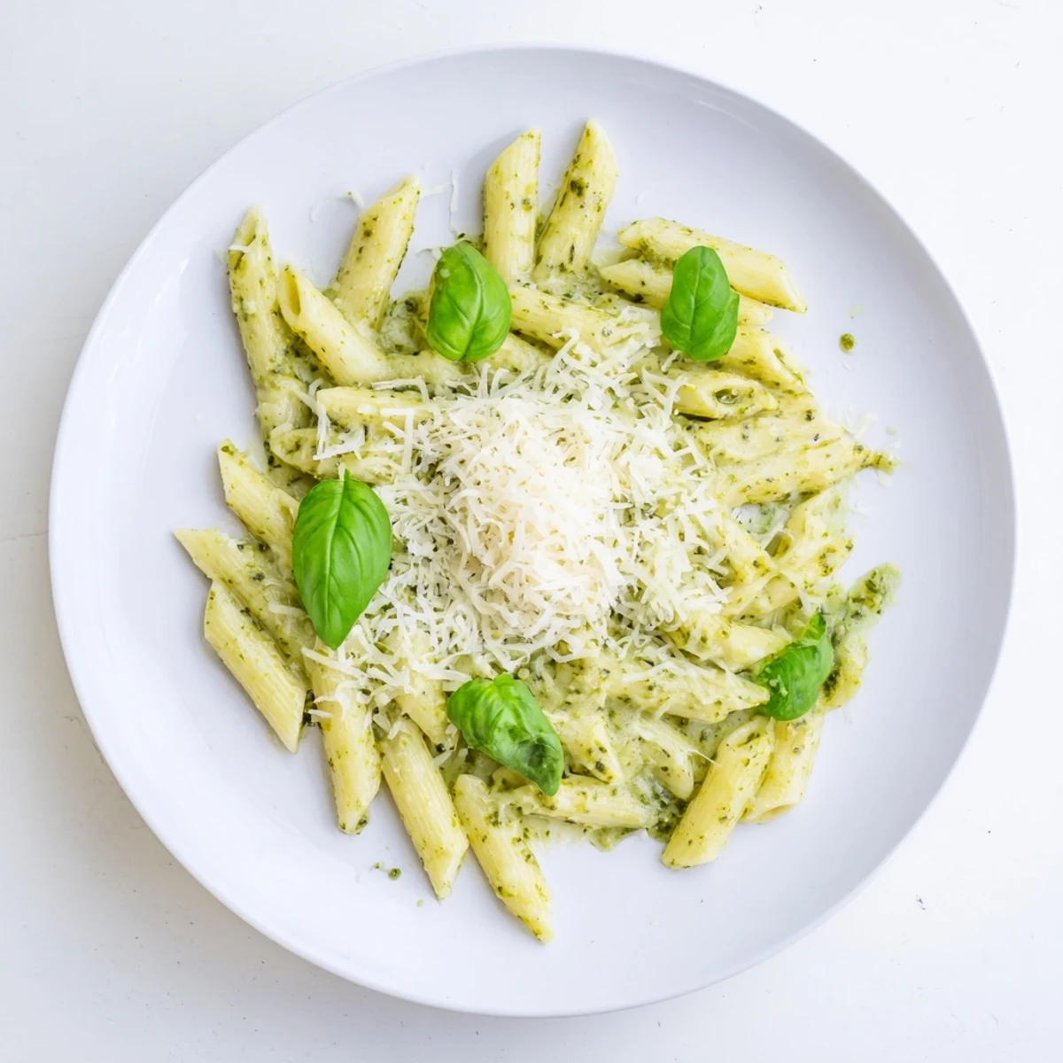 Close-up of pesto pasta noodles coated in velvety cream and Parmesan cheese