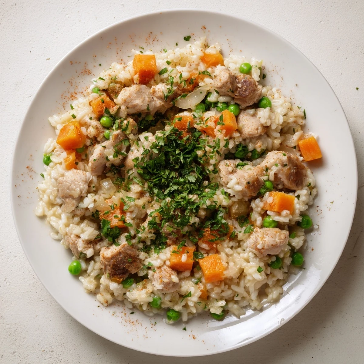 Golden Instant Pot chicken and rice dish garnished with fresh green parsley in a bowl