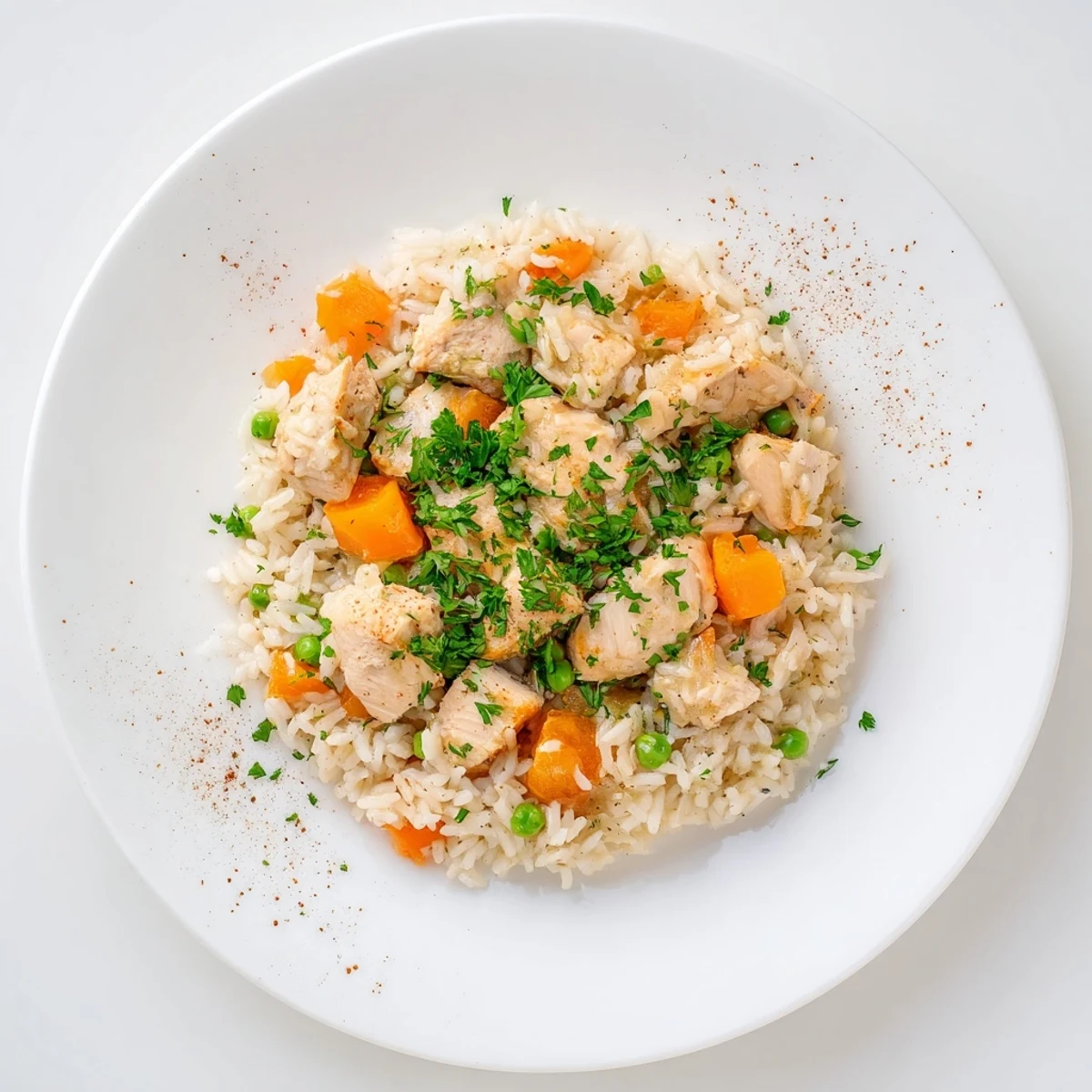 Comforting one-pot meal with tender chicken chunks, colorful vegetables, and fluffy white rice