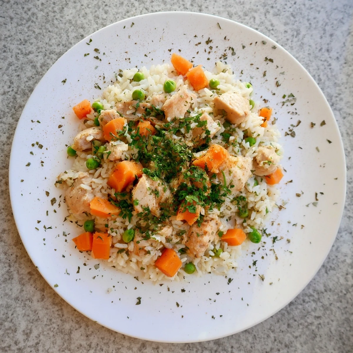 Family-friendly gluten-free chicken and rice recipe steaming hot with diced carrots and peas