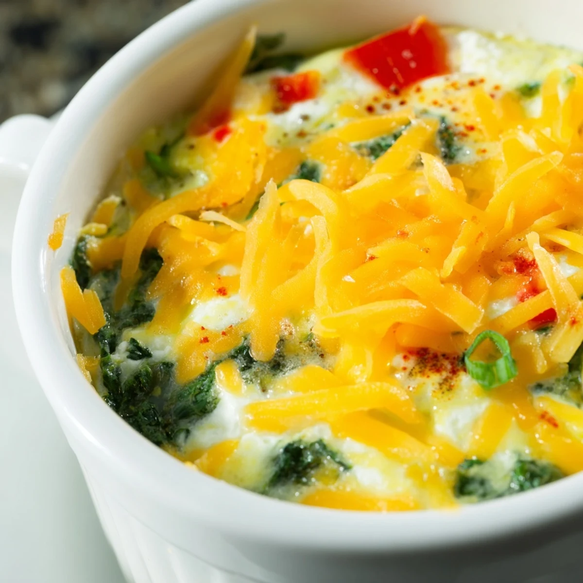 Golden baked cottage cheese eggs with spinach and melted cheese topping in individual ramekins